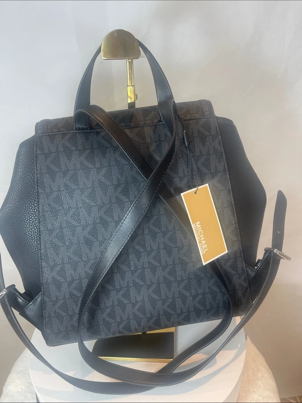 Michael Kors Black MK Logo Pattern Backpack , Size Medium.